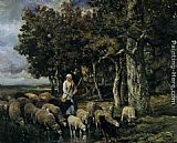 Watering Canvas Paintings - Shepherdess watering flock